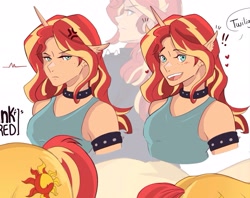 Size: 2048x1623 | Tagged: safe, artist:inkrred, sunset shimmer, centaur, g4, bust, centaur sunset, centaurified, choker, cross-popping veins, emanata, exclamation point, female, furrowed brow, heart, implied lesbian, implied shipping, implied sunsetsparkle, implied twilight sparkle, light skin, looking at you, open mouth, open smile, simple background, smiling, smiling at you, species swap, spiked armband, spiked choker, white background, zoom layer