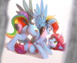 Size: 2663x2161 | Tagged: safe, artist:itssim, misty brightdawn, rainbow dash, pegasus, pony, unicorn, g4, g5, butt, dock, duo, duo female, eye contact, featureless crotch, female, high res, hoof heart, horn, looking at each other, looking at someone, lying down, mare, on back, open mouth, plot, rainbutt dash, rebirth misty, smiling, spread wings, tail, underhoof, unshorn fetlocks, wings