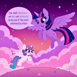 Size: 1500x1500 | Tagged: safe, artist:faelingmagic, princess flurry heart, twilight sparkle, alicorn, pony, g4, cloud, duo, duo female, female, flower, flying, open mouth, sky, speech bubble, sunset, twilight sparkle (alicorn)