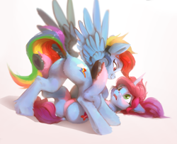 Size: 2663x2161 | Tagged: safe, alternate version, artist:itssim, misty brightdawn, rainbow dash, pegasus, pony, unicorn, g4, g5, butt, dock, duo, duo female, eye contact, featureless crotch, female, high res, hoof heart, horn, lesbian, looking at each other, looking at someone, lying down, mare, on back, open mouth, plot, rainbutt dash, rebirth misty, shipping, smiling, spread wings, tail, underhoof, unshorn fetlocks, wings