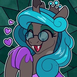 Size: 1500x1500 | Tagged: safe, artist:oomles, idw, queen chrysalis, changeling, changeling queen, g4, bust, cute, cutealis, daaaaaaaaaaaw, eyes closed, fangs, female, floating heart, glasses, happy, heart, hooves together, mare, mirror universe, open mouth, open smile, reversalis, smiling, solo