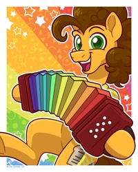 Size: 1200x1500 | Tagged: safe, artist:oomles, cheese sandwich, earth pony, pony, g4, accordion, happy, looking at you, male, musical instrument, open mouth, open smile, passepartout, smiling, solo, stallion