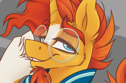 Size: 680x445 | Tagged: safe, artist:alzmariowolfe, sunburst, pony, unicorn, g4, bedroom eyes, facial hair, glasses, goatee, horn, lidded eyes, looking at you, male, smiling, smiling at you, solo, stallion, sunburst's glasses, unshorn fetlocks