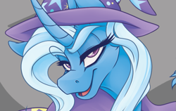 Size: 717x454 | Tagged: safe, artist:alzmariowolfe, trixie, pony, unicorn, g4, bust, curved horn, female, horn, lidded eyes, looking at you, mare, open mouth, open smile, smiling, solo