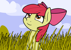 Size: 2048x1448 | Tagged: safe, artist:ewoudcponies, apple bloom, earth pony, pony, g4, female, filly, foal, grass, grass field, looking up, smiling, solo