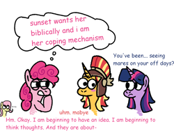 Size: 2000x1500 | Tagged: safe, artist:zoeyhorse, fluttershy, pinkie pie, sunset shimmer, twilight sparkle, earth pony, pegasus, pony, unicorn, g4, blush sticker, blushing, bust, dialogue, female, frown, helmet, horn, lesbian, mare, mind reading, narrowed eyes, no iris, oh my, ship:sunsetpie, ship:sunsetsparkle, shipping, simple background, thought bubble, trio focus, white background