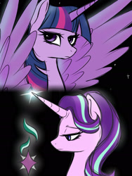 Size: 1680x2240 | Tagged: safe, artist:taohuabuhuanjiu09211, starlight glimmer, twilight sparkle, alicorn, pony, unicorn, g4, black background, duo, duo female, female, horn, simple background, twilight sparkle (alicorn)