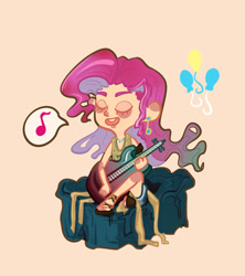 Size: 1578x1779 | Tagged: safe, artist:enchantresss, pinkie pie, human, g4, eyes closed, guitar, humanized, music notes, musical instrument, open mouth, peach background, pictogram, simple background, sitting, solo, speech bubble, stone