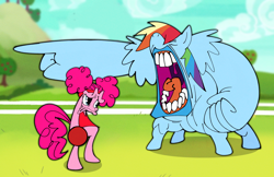 Size: 2048x1325 | Tagged: safe, artist:cryena/bowacunga, pinkie pie, rainbow dash, earth pony, pegasus, g4, buckball, cursed image, duo, duo female, female, meme, meme redraw, screaming coach