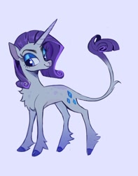 Size: 505x641 | Tagged: safe, artist:zackfurry111, rarity, classical unicorn, pony, unicorn, g4, blue eyeshadow, cloven hooves, eyebrows, eyeshadow, female, gray coat, horn, leonine tail, light blue background, looking at you, makeup, mare, simple background, smiling, smiling at you, solo, tail, unshorn fetlocks