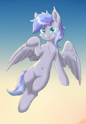 Size: 3520x5065 | Tagged: safe, artist:pzkratzer, oc, oc only, oc:discoordination, pegasus, pony, absurd resolution, belly, belly button, blue eyes, chest fluff, ear fluff, gradient background, looking at you, male, pegasus oc, pegasus wings, smiling, smiling at you, solo, spread wings, stallion, tail, two toned mane, two toned tail, wings