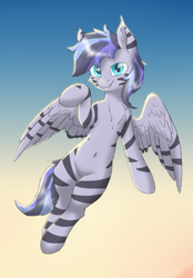 Size: 3520x5065 | Tagged: safe, alternate version, artist:pzkratzer, oc, oc only, oc:discoordination, pegasus, pony, zebra, zebrasus, absurd resolution, belly, belly button, blue eyes, bodypaint, chest fluff, ear fluff, gradient background, looking at you, male, paint on fur, pegasus oc, pegasus wings, recolor, smiling, smiling at you, solo, spread wings, stallion, tail, two toned mane, two toned tail, wings