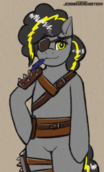 Size: 2480x4093 | Tagged: safe, artist:jcosneverexisted, oc, oc:bug-zapper, earth pony, pony, semi-anthro, fallout equestria, armor, belt, eyepatch, feather, female, mare, solo