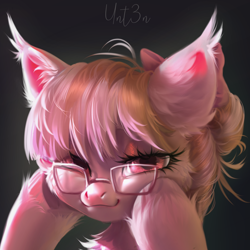 Size: 3000x3000 | Tagged: safe, artist:unt3n, oc, oc only, oc:gelya, earth pony, pony, :3, bow, bust, cheek fluff, chest fluff, commission, cute, ear fluff, ear tufts, earth pony oc, eyelashes, eyeshadow, female, fluffy, glasses, hair bow, high res, hoof fluff, hoof on cheek, hooves on cheeks, lighting, looking at you, makeup, mare, narrowed eyes, ocbetes, painting, pink coat, pink eyes, pink mane, portrait, render, shading, signature, smiling, smiling at you, solo, unshorn fetlocks