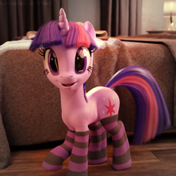 Size: 2048x2048 | Tagged: source needed, safe, anonymous artist, twilight sparkle, pony, unicorn, g4, 3d, bed, cloth, clothes, comfy, cute, female, looking at you, mare, on floor, open mouth, raised hoof, realistic, socks, solo, standing on three hooves, striped socks, twibooru import, unicorn twilight, unobtrusive watermark, watermark