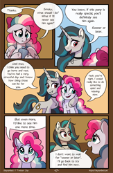 Size: 1496x2300 | Tagged: safe, artist:skysorbett, oc, oc only, oc:sky sorbet, oc:smoky spectre, pegasus, pony, unicorn, comic:breaking free, choker, comic, female, flask, horn, hug, mare, speech bubble, talking