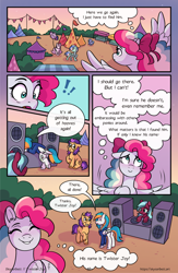 Size: 1496x2300 | Tagged: safe, artist:skysorbett, oc, oc only, oc:sky sorbet, oc:twister joy, pegasus, pony, comic:breaking free, comic, exclamation point, female, festival, flag, male, mare, outdoors, speaker, speech bubble, stallion, talking, thought bubble