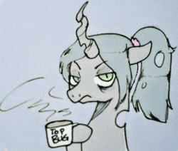 Size: 1037x879 | Tagged: safe, artist:anonymous, queen chrysalis, changeling, changeling queen, g4, alternate hairstyle, cup, drawthread, female, hoof hold, lidded eyes, looking at you, ponytail, simple background, slit pupils, solo, steam, tired, tired eyes, top bug