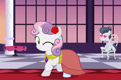 Size: 2036x1340 | Tagged: safe, artist:lunaticdawn, rumble, sweetie belle, pegasus, pony, unicorn, g4, bowtie, canterlot castle, chair, clothes, colt, cute, dress, duo, ear piercing, earring, element of generosity, female, filly, flower, foal, grand galloping gala, grin, heart, heart eyes, horn, jewelry, male, necktie, one eye closed, piercing, raised hoof, rose, ship:rumbelle, shipping, sitting, smiling, straight, table, wingding eyes, wink