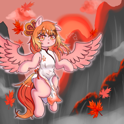 Size: 4096x4096 | Tagged: safe, alternate version, artist:dw_atias, oc, oc only, oc:phoenix perch, pegasus, pony, belly, belly button, blushing, cheongsam, clothes, dress, female, floppy ears, human shoulders, leaves, mare, outdoors, solo, spread wings, wings