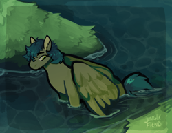 Size: 1500x1159 | Tagged: safe, artist:junglefiend, oc, oc only, pegasus, pony, artfight, blue mane, border, detailed background, green coat, outdoors, pegasus oc, solo, water