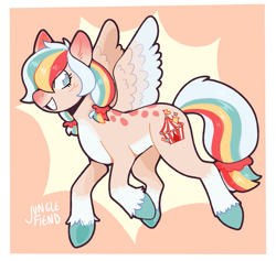 Size: 1803x1707 | Tagged: safe, artist:junglefiend, oc, oc only, oc:showtime (sunnysquibbles), pegasus, pony, abstract background, blue hooves, blue mane, countershading, full body, grin, mare oc, multicolored hair, multicolored mane, passepartout, pegasus oc, red mane, red tail, smiling, solo, tail, tan coat, white coat, white wings, wings, yellow mane, yellow tail