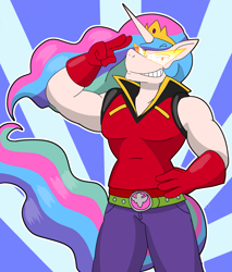 Size: 1773x2078 | Tagged: safe, artist:pepper-stripes, oc, oc only, oc:monkey king, unicorn, anthro, clothes, crown, furrowed brow, grin, hand on hip, high collar, horn, jewelry, male, multicolored hair, not celestia, ponysona, regalia, smiling, solo, stallion, sunburst background, sunglasses, vest