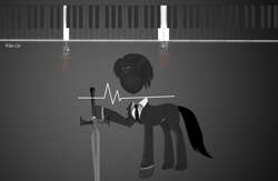 Size: 5244x3420 | Tagged: safe, artist:wike cat, pony, dark, library of ruina, mask, music, musical instrument, piano, projectmoon, roland, sword, weapon