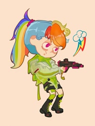 Size: 1187x1577 | Tagged: safe, artist:enchantresss, rainbow dash, human, g4, beige background, gun, humanized, no pupils, simple background, solo, weapon