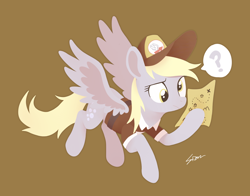 Size: 1470x1150 | Tagged: safe, artist:sion, derpy hooves, pegasus, pony, g4, brown background, female, flying, hoof hold, mailmare, map, mare, question mark, signature, simple background, solo, speech bubble, spread wings, wings