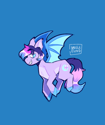 Size: 1100x1304 | Tagged: safe, artist:junglefiend, oc, oc only, bat pony, pony, artfight, bat pony oc, blue background, grin, purple coat, simple background, smiling, solo