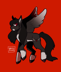 Size: 1100x1304 | Tagged: safe, artist:junglefiend, oc, oc only, pegasus, pony, black mane, brown coat, fangs, pegasus oc, red background, red eyes, side view, simple background, solo