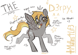 Size: 2955x2108 | Tagged: safe, artist:azaani, derpy hooves, pegasus, pony, g4, arrow, female, high res, looking at you, mare, silly, simple background, smiling, smiling at you, solo, spread wings, standing on two hooves, starry eyes, text, tongue out, white background, wingding eyes, wings