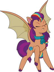 Size: 1057x1392 | Tagged: safe, artist:prixy05, sunny starscout, bat pony, pony, g5, my little pony: tell your tale, bat ponified, bat wings, eyes closed, fangs, female, mane stripe sunny, mare, race swap, simple background, solo, spread wings, sunny starbat, transparent background, vector, wings