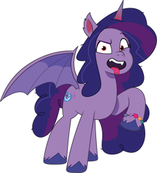 Size: 1186x1309 | Tagged: safe, artist:prixy05, izzy moonbow, alicorn, bat pony, bat pony alicorn, pony, g5, my little pony: tell your tale, alicornified, bat ponified, bat wings, fangs, female, horn, izzy moonbat, izzycorn, mare, race swap, red eyes, simple background, solo, tongue out, transparent background, vector, wings