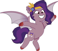 Size: 1305x1151 | Tagged: safe, artist:prixy05, pipp petals, bat pony, pony, g5, my little pony: tell your tale, bat pipp, bat ponified, bat wings, fangs, female, flying, mare, pippbat, race swap, red eyes, simple background, solo, transparent background, vector, wings