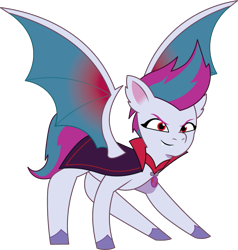 Size: 1121x1178 | Tagged: safe, artist:prixy05, zipp storm, bat pony, pony, g5, my little pony: tell your tale, bat ponified, bat wings, cape, clothes, fangs, female, mare, race swap, red eyes, simple background, solo, spread wings, transparent background, vector, wings, zippbat