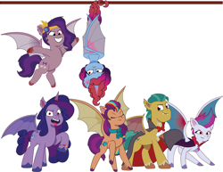 Size: 3609x2783 | Tagged: safe, artist:prixy05, hitch trailblazer, izzy moonbow, misty brightdawn, pipp petals, sunny starscout, zipp storm, bat pony, pony, g5, my little pony: tell your tale, bat pipp, bat ponified, bat wings, eyes closed, fangs, female, group, high res, hitch batblazer, izzy moonbat, male, mane five, mane six (g5), mane stripe sunny, mare, mistybat, pippbat, race swap, rebirth misty, red eyes, sextet, simple background, spread wings, stallion, sunny starbat, tongue out, vector, white background, wings, zippbat