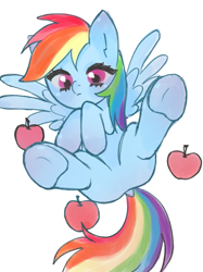 Size: 1019x1359 | Tagged: safe, alternate version, artist:zicaibiaofantuan, rainbow dash, pegasus, pony, g4, apple, butt, dock, featureless crotch, female, food, lying down, mare, on back, plot, simple background, solo, spread legs, spread wings, spreading, tail, underhoof, white background, wings