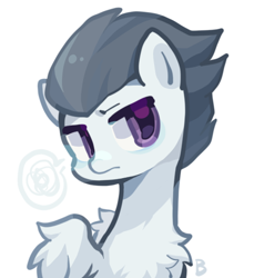 Size: 504x551 | Tagged: safe, artist:breeze, rumble, pegasus, pony, g4, bust, chest fluff, colt, foal, frown, looking at you, male, portrait, simple background, solo, speech bubble, spread wings, white background, wings