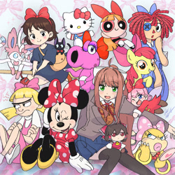 Size: 1622x1621 | Tagged: safe, artist:chris-thekid, apple bloom, birdo, earth pony, human, mouse, pony, sylveon, g4, anime, blossom (powerpuff girls), bow, clothes, doki doki literature club!, dress, female, filly, foal, fumo, hair bow, hakurei reimu, helga pataki, hello kitty, hello kitty (character), hey arnold, kiki's delivery service, kirby (series), mario bros., miniskirt, minnie mouse, monika, pokémon, ragatha, ribbon, sanrio, skirt, socks, super mario bros., the amazing digital circus, the powerpuff girls, thigh highs, thigh socks, touhou, wendy o. koopa