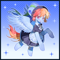 Size: 3661x3661 | Tagged: safe, artist:fantakun, rainbow dash, pegasus, pony, g4, big ears, clothes, female, gradient background, maid, mare, passepartout, patterned background, rainbow maid, round ears, solo, spread wings, wings