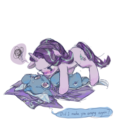 Size: 2461x2668 | Tagged: safe, artist:xinjinjumin3299349, starlight glimmer, trixie, pony, unicorn, g4, blushing, duo, duo female, female, grumpy, horn, lesbian, lying down, mare, on back, ship:startrix, shipping, simple background, talking, white background