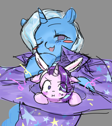 Size: 2359x2668 | Tagged: safe, artist:xinjinjumin3299349, starlight glimmer, trixie, pony, unicorn, g4, :3, :i, blush sticker, blushing, bunny ears, bunny out of the hat, clothes, duo, duo female, eye clipping through hair, female, gray background, hat, horn, lesbian, magic trick, mare, one eye closed, open mouth, open smile, ship:startrix, shipping, simple background, smiling, sweat, sweatdrop, trixie's hat