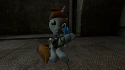 Size: 1920x1080 | Tagged: safe, artist:ports2005, oc, oc only, oc:homage, oc:littlepip, pony, unicorn, fallout equestria, 3d, clothes, cuddling, female, gmod, happy, horn, jumpsuit, looking at you, mare, pipbuck, sitting, smiling, smiling at you, unicorn oc, vault suit