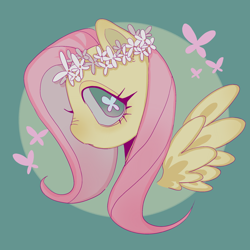 Size: 2000x2000 | Tagged: safe, artist:nimingxiwang168, fluttershy, pegasus, pony, g4, bust, floral head wreath, flower, portrait, side view, simple background, solo, teal background, wings