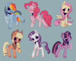 Size: 2475x2001 | Tagged: safe, artist:nimingxiwang168, applejack, fluttershy, pinkie pie, rainbow dash, rarity, twilight sparkle, earth pony, pegasus, pony, unicorn, g4, blue background, eyes closed, group, horn, mane six, open mouth, open smile, simple background, sitting, smiling, unicorn twilight