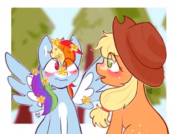 Size: 2048x1575 | Tagged: safe, artist:arnie_mae_, applejack, rainbow dash, pony, g4, the perfect pear, blushing, character swap, colored wings, countershading, duo, duo female, eye clipping through hair, female, flower, flower in hair, lesbian, mare, no pupils, scene interpretation, ship:appledash, shipping, spread wings, two toned wings, wings