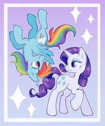 Size: 1436x1720 | Tagged: safe, artist:arnie_mae_, rainbow dash, rarity, pegasus, pony, unicorn, g4, duo, duo female, female, gradient background, horn, lesbian, ship:raridash, shipping, smiling, sparkles, spread wings, upside down, wings