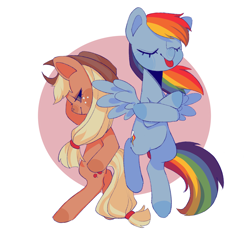 Size: 2048x2048 | Tagged: safe, artist:nimingxiwang168, applejack, rainbow dash, earth pony, pegasus, pony, g4, :p, bipedal, crossed arms, duo, duo female, eyes closed, female, lesbian, mare, ship:appledash, shipping, smiling, tongue out